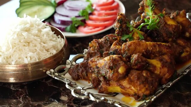 indian chicken curry with salad and basmati rice