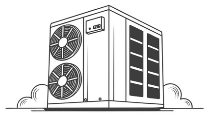 Illustration of an air conditioning unit with two fans and vents on a flat surface and clouds