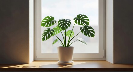 Scandinavian Style Green Potted Plant in a Neutral Ceramic Pot on a Wooden Sill