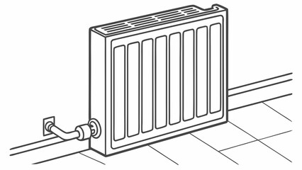Illustration of a radiator attached to a wall with pipes on a tiled floor in a room setting