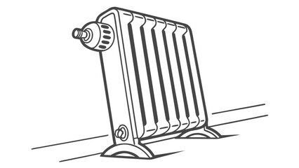 Illustration of a radiator with multiple sections and a valve on a floor in black and white style