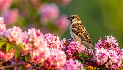 Fototapeta premium A sparrow perches amidst a profusion of vibrant pink blossoms, bathed in soft sunlight.