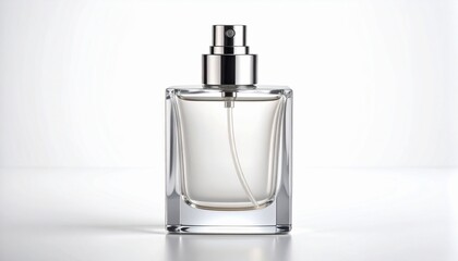 Minimalist clear perfume bottle with silver spray nozzle, soft lighting, and white background for a clean, modern aesthetic.