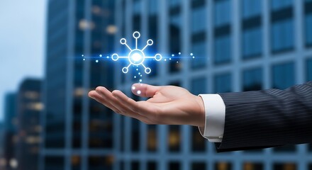 Businessman presenting innovative digital network concept with glowing connections and abstract data visualization against modern city skyline