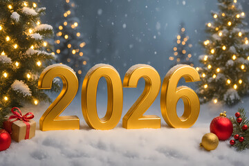 Holiday card for New Year and Christmas 2026. Golden numbers 2026 on the background of a snow-covered forest and colorful garlands