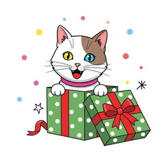 A joyful cat with heterochromia eyes peeks out of a gift box. EPS vector