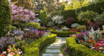 Lush garden path winding through colorful flowers and meticulously trimmed hedges
