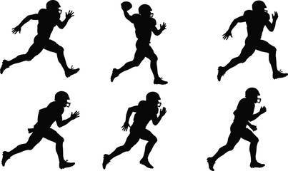 American football player silhouette vector set, running, throwing, passing, and active poses, perfect for sports, football, and athletic designs