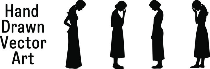 Sad woman silhouette in different emotional poses, hand drawn female depression illustration, mental health awareness, flat vector illustrationSad woman awareness, flat vector illustration