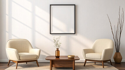 Modern living room with two armchairs and blank framed art on wall