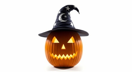 A carved Halloween pumpkin with a glowing, jack-o'-lantern face, wearing a black witch's hat adorned with stars and a crescent moon, set against a stark white background.