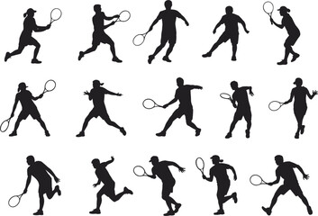 Tennis player silhouettes in various action poses, racket sport movements, athlete shadow collection, competitive game moments, flat vector illustrationw col