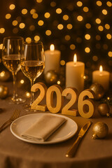 Postcard for New Year and Christmas 2026. Shiny numbers against the background of a festive New Year's table with glasses, candles and plates.