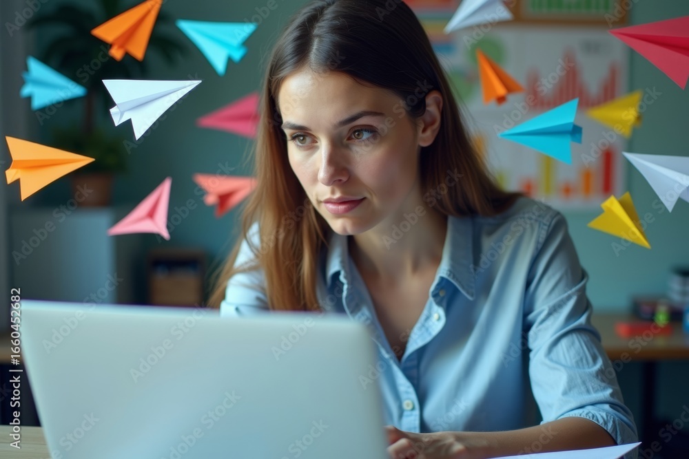 Poster analyst immersed in work surrounded by colorful paper airplanes made of charts and graphs