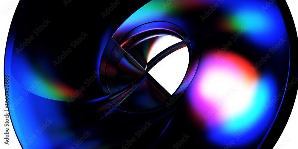 Poster abstract rendering showcasing a vortex of iridescent colors and metallic structures