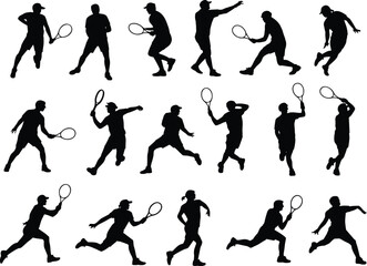 Silhouettes of male tennis players in action with rackets, sports movement poses, dynamic athlete collection, black vector illustration, flat vector illustration