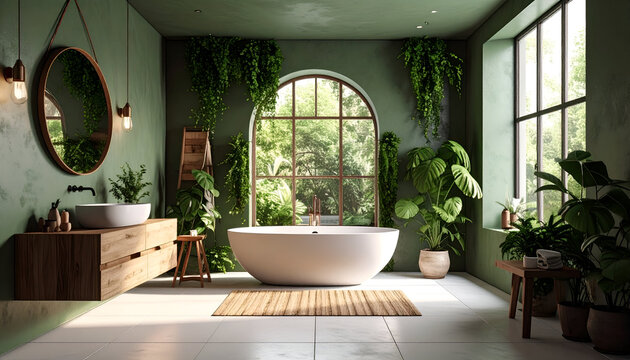 Modern bathroom interior with round washbasin and circular mirror set against a lush green plant wall. Stylish eco-friendly home decor design.