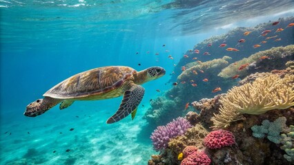 Sea Turtle Swimming in Clear Turquoise Ocean Water Near Coral Reef