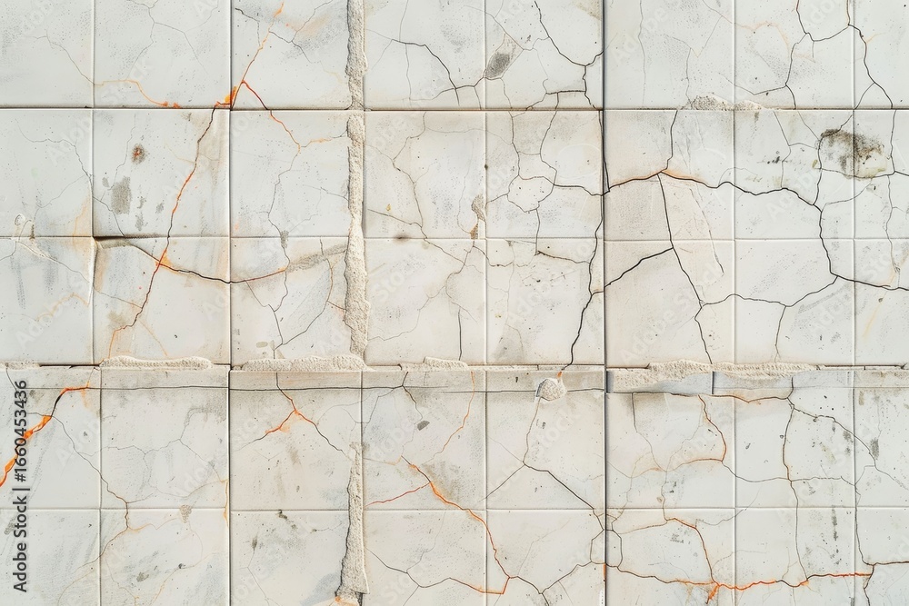 Poster a close-up view of a tiled surface exhibiting extensive cracking, showcasing the aging and deteriora