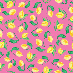 Aquarell lemons seamless repeat pattern on pink background. Random placed, watercolor, hand drawn citrus fruits aop, all over surface print.