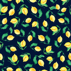 Aquarell lemons seamless repeat pattern on dark blue background. Random placed, watercolor, hand drawn citrus fruits aop, all over surface print.