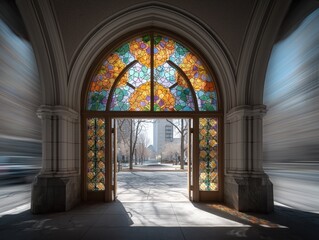 Interior of church with colorful stained glass windows illuminated by sunlight