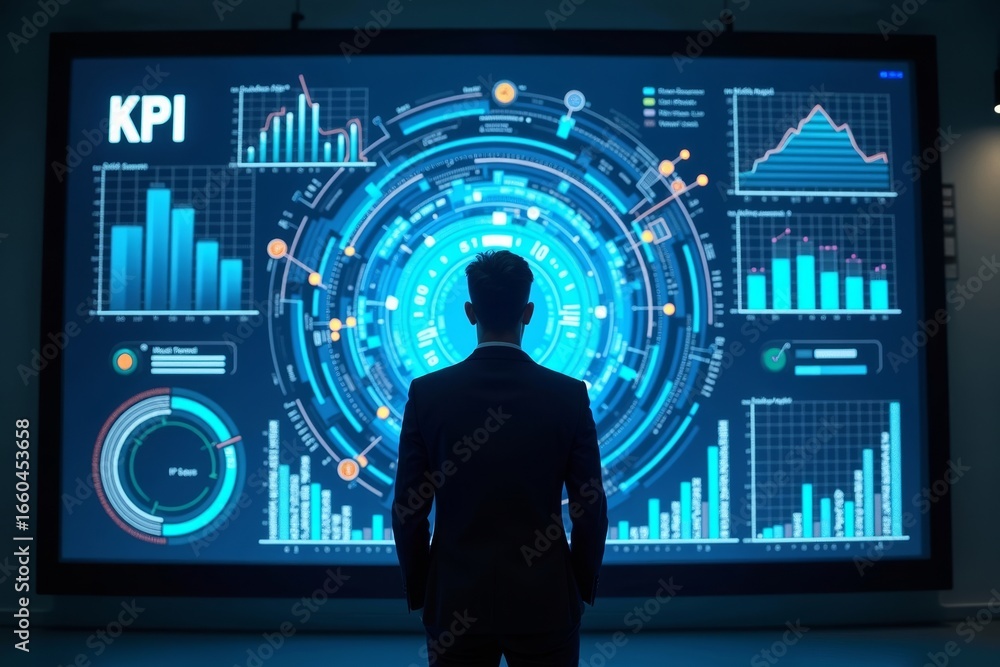 Poster data analyst surrounded by dynamic kpi dashboard visualizations on giant screen