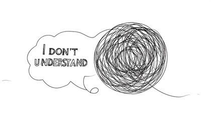 A thought bubble with the words "I don't understand" next to a tangled ball of lines