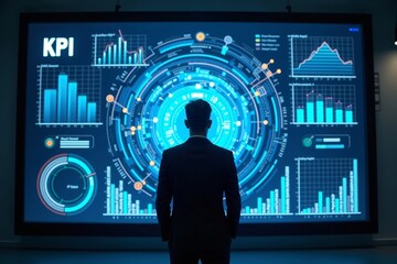 Data Analyst Surrounded by Dynamic KPI Dashboard Visualizations on Giant Screen