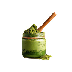 Matcha Green Tea Powder in Glass Jar with Wooden Spoon