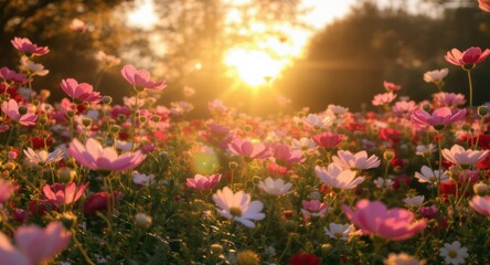 Sunlit field of pink & white cosmos blooms against a hazy forest backdrop