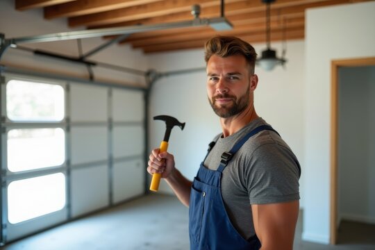 Contractor Inside Home Holding Tools, Installing and Repairing Garage Door