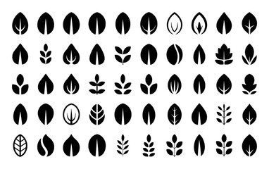 Collection of Black Leaf and Plant Icons on White Background