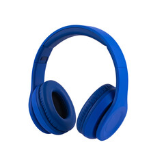 Set of dark light blue audio stereo headphones headset earpiece earphone Earbud, front side view on transparent cutout PNG