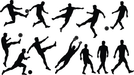 Silhouettes of soccer players kicking, dribbling, saving, and walking, football action poses, sports movement, team game, player dynamic