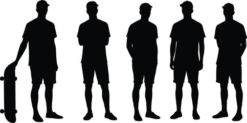 Skateboarder silhouette collection, young man with skateboard, standing poses vector, casual streetwear icon, urban skateboarding lifestyle design