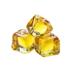 Three Golden Amber Ice Cubes, Close-up Studio Shot