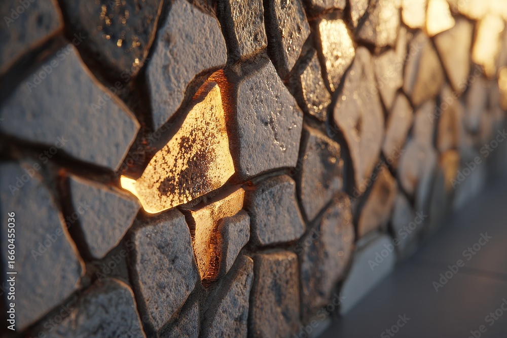 Aufkleber close-up view of a textured stone wall with embedded lights, showcasing intricate patterns and warm 