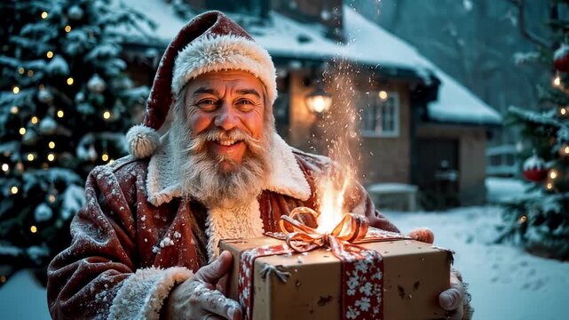 A cheerful and cunning Santa smiles charmingly and winks cheerfully. Christmas Eve, magic and witchcraft