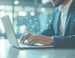 Artificial intelligence concept with glowing neural network connections overlaying a businessman working on laptop.