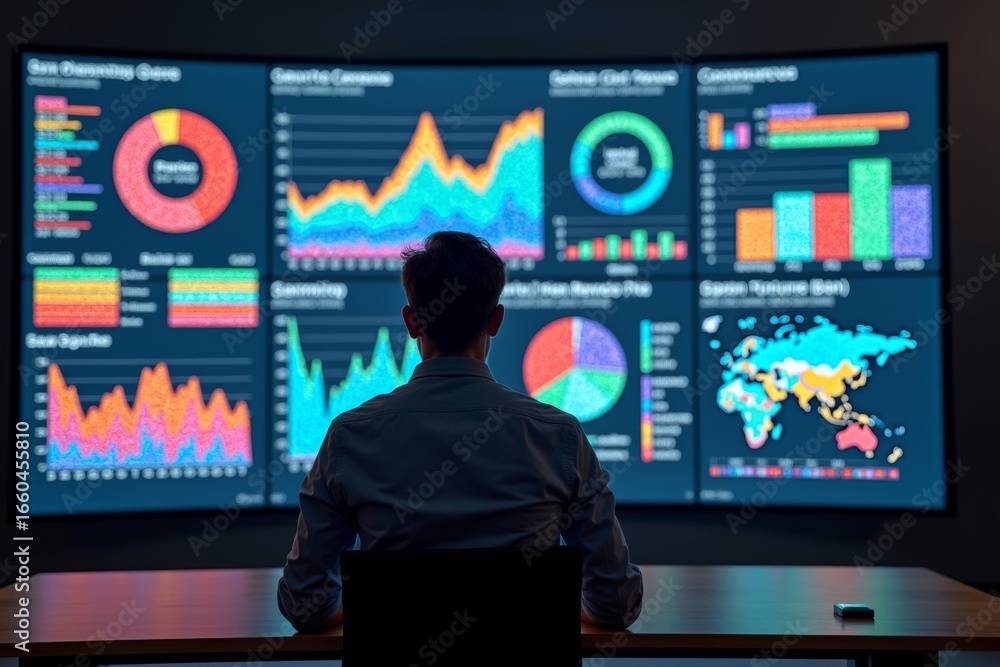 Poster data analyst surrounded by colorful jellybeans in front of multi-screen dashboard display