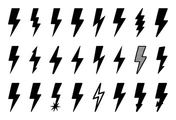 Collection of Black Lightning Bolt Icons and Symbols on White Background