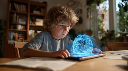 Child exploring creativity with glowing effect on a tablet indoors in a cozy room