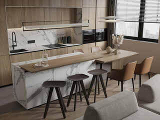 Stylish open kitchen with marble island, wooden cabinets, and integrated dining table. Warm earthy tones and modern lighting.