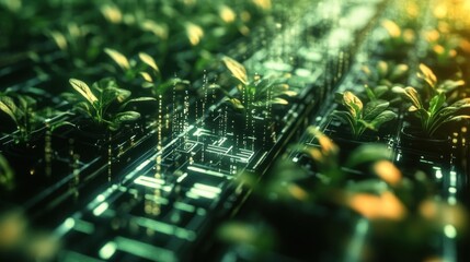 Futuristic urban farm, plants growing on circuit board grid