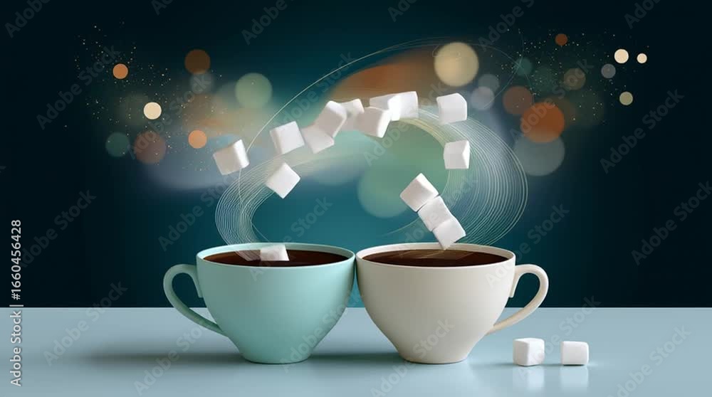 Poster two colorful cups of coffee with sugar cubes floating above, creating a whimsical scene of sweetness