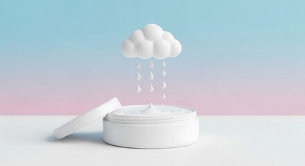 Cosmetic cream jar with cloud and rain drops