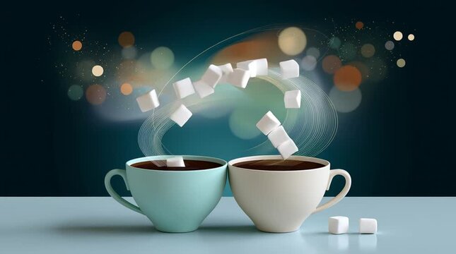 Two colorful cups of coffee with sugar cubes floating above, creating a whimsical scene of sweetness and warmth, showcasing the joy of beverage enjoyment and creativity