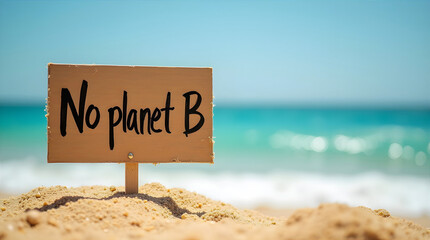 Sign with text no planet b on sandy beach with blue sea environmental awareness message