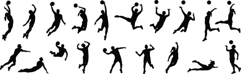 Silhouette volleyball players in action, jumping, spiking, diving, teamwork, sports motion, athlete performance, dynamic pose, flat vector illustration, isolated design